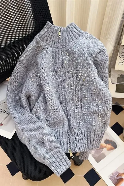 Korean design sequin stand up collar slimming double headed zipper sweater for women 2024 autumn versatile knitted cardigan