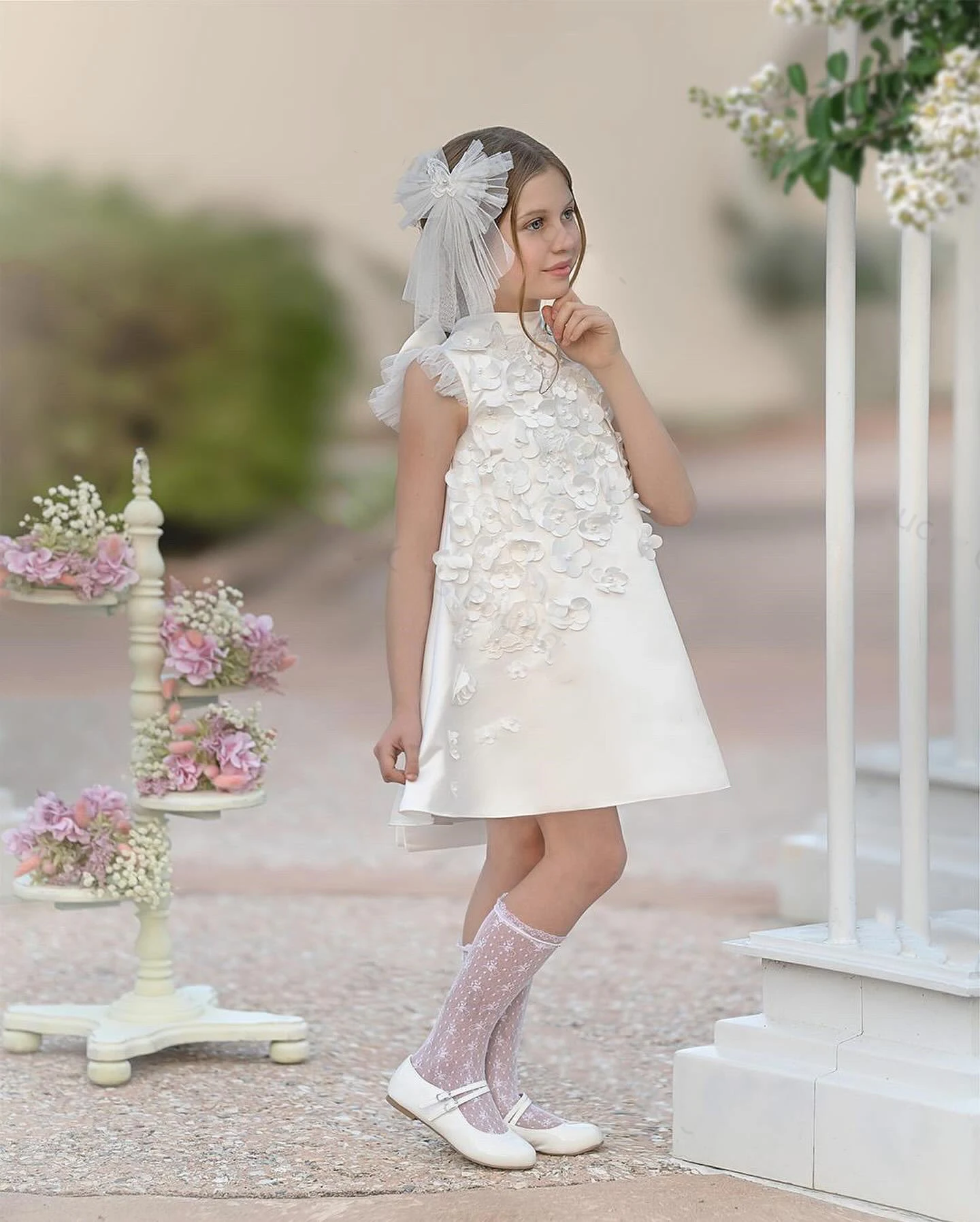 Vestido blanco con apliques de flores para niña, vestido de boda hasta la rodilla con lazo, fiesta de cumpleaños de princesa, vestido de primera comunión, vestidos de baile 2024