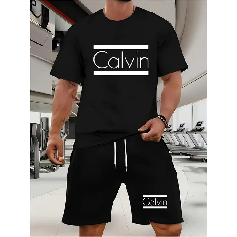 

New summer fitness sportswear for men, short-sleeved T-shirt and shorts two-piece set, breathable and quick-drying casual wear.