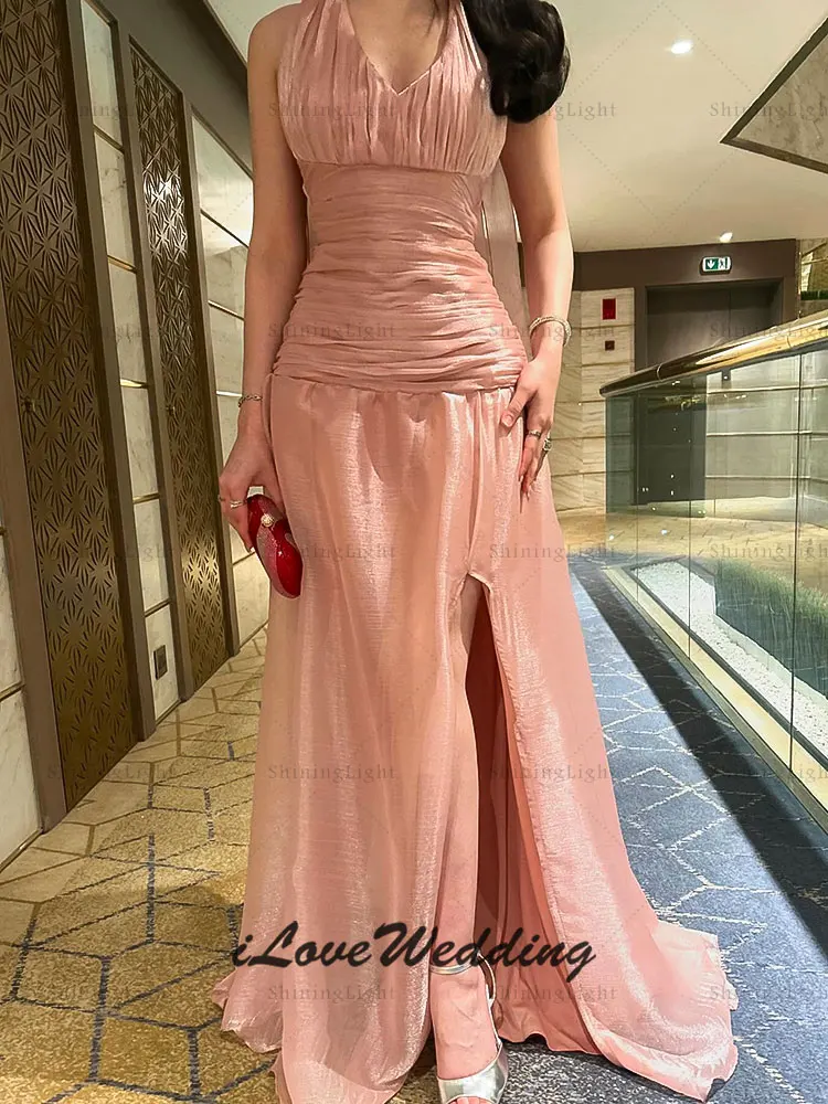 ShiningLight ハイウエスト スプリット イブニング ドレス ソリッド カラー セクシー ホルター プリーツ ロング プロムドレス シフォン フォーマル ガウン カスタマイズ