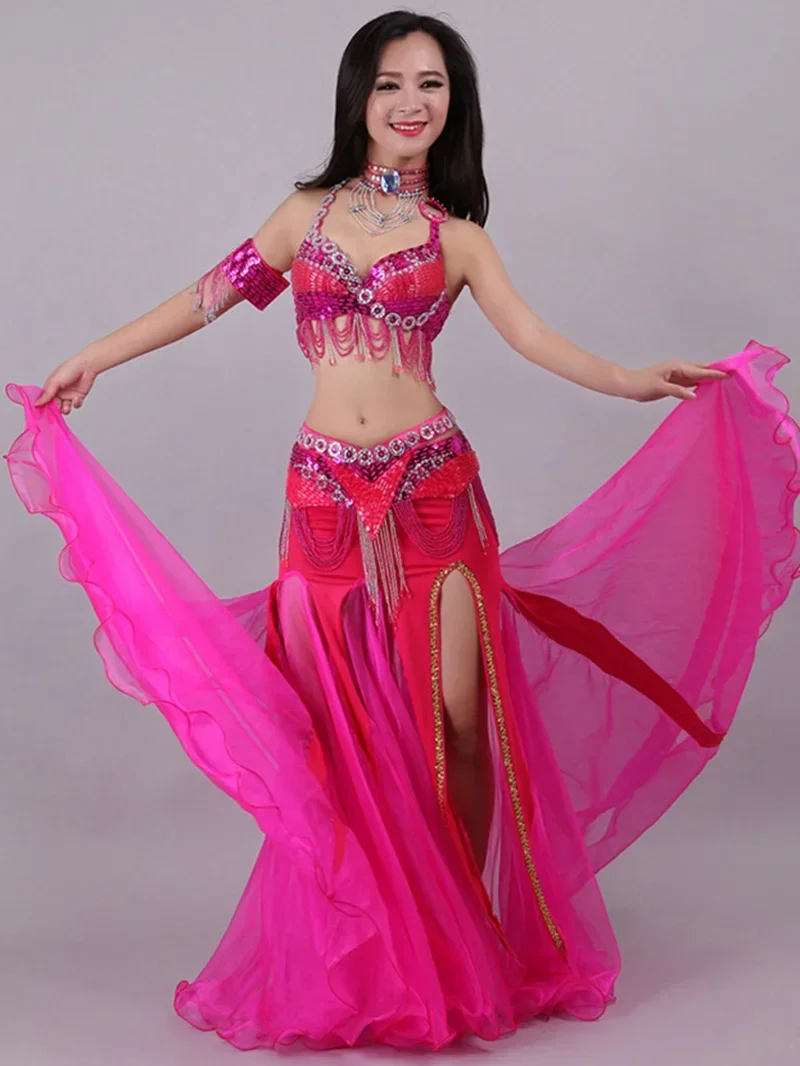 Ropa de baile india para mujeres adultas, conjunto de traje de danza del vientre con cuentas y lentejuelas y bordado de diamantes, trajes Rave para mujer