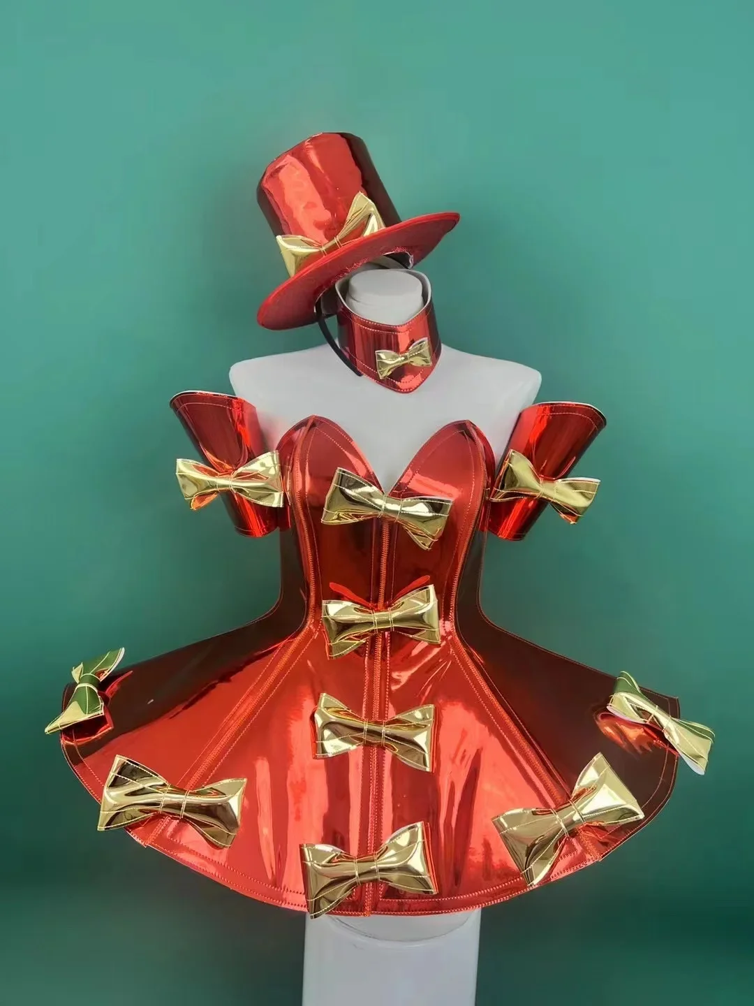 Bow Dress+Hat+Cuff+Necklace Christmas Performance Outfits Party Amusement Park Tour Armor Costume Singer Stage Dance Bar Wear