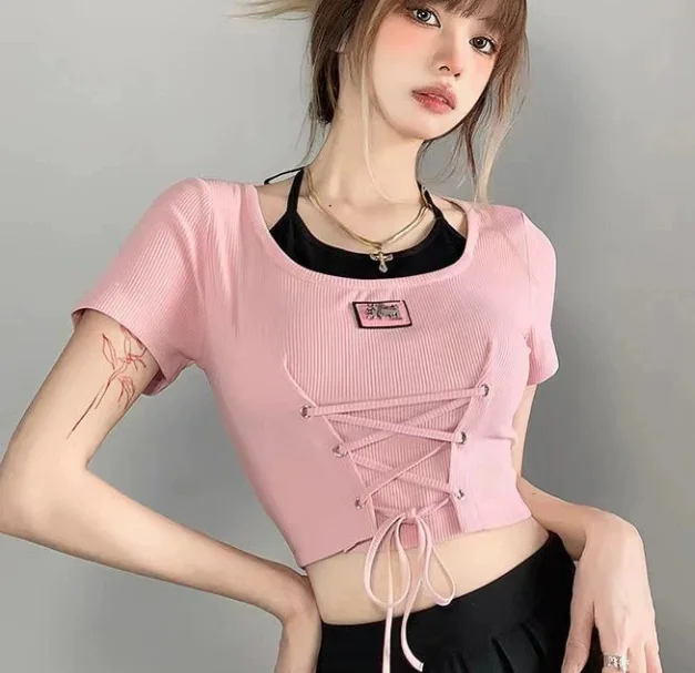 

Y2K Tops Summer Sweetheart Spicy Girl Short Sleeve T-Shirt Women's Waist Strap Design Short Top Lace-Up T-Shirt Short Sleeve Top
