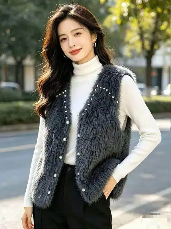 Women's Loose Knitted Cardigan Soft Mink Velvet Jacket Summer Short Sleeve V-Neck Button-Up Outerwear Pearl Embellished