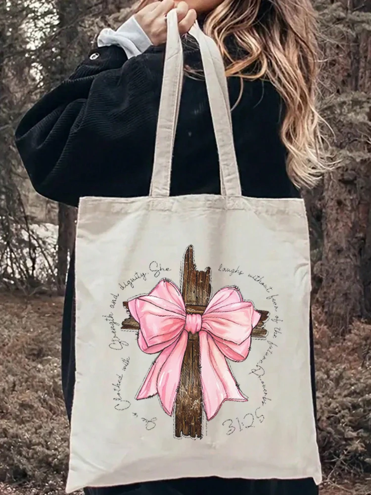 1pc Reusable Women Shopping Bag Canvas Bag Vintage Bow Cross Proverbs Christian Bible Verse Pattern Canvas Tote Bag Beach Bag