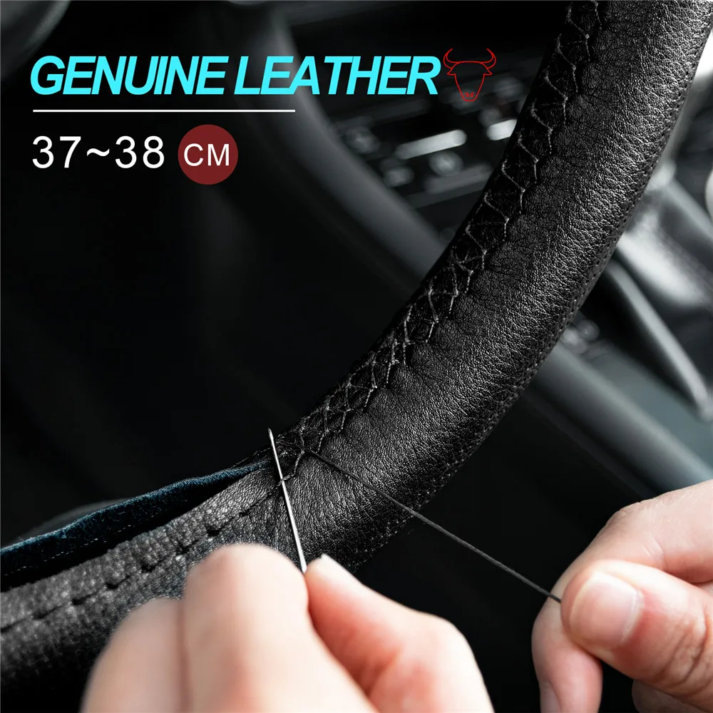 3 Colors DIY Sew Genuine Leather Car Steering Wheel Cover Punched Anti-slip Breathable 38cm 15inch for Lada Kia Hyundai Toyota