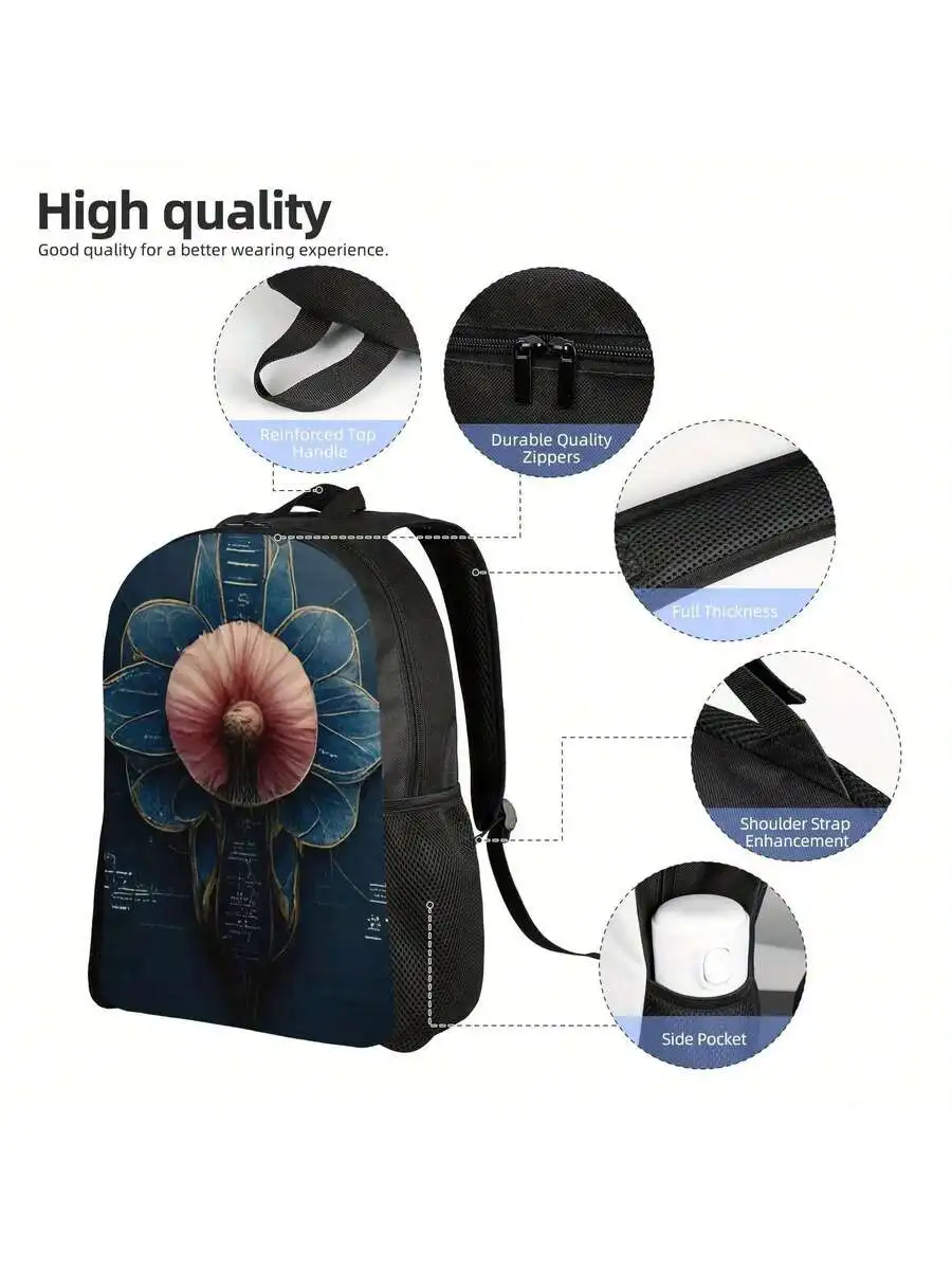 Alien Flower Blueprint Backpack Lightweight Floral Print Adjustable Straps Zipper Closure Durable Fabric
