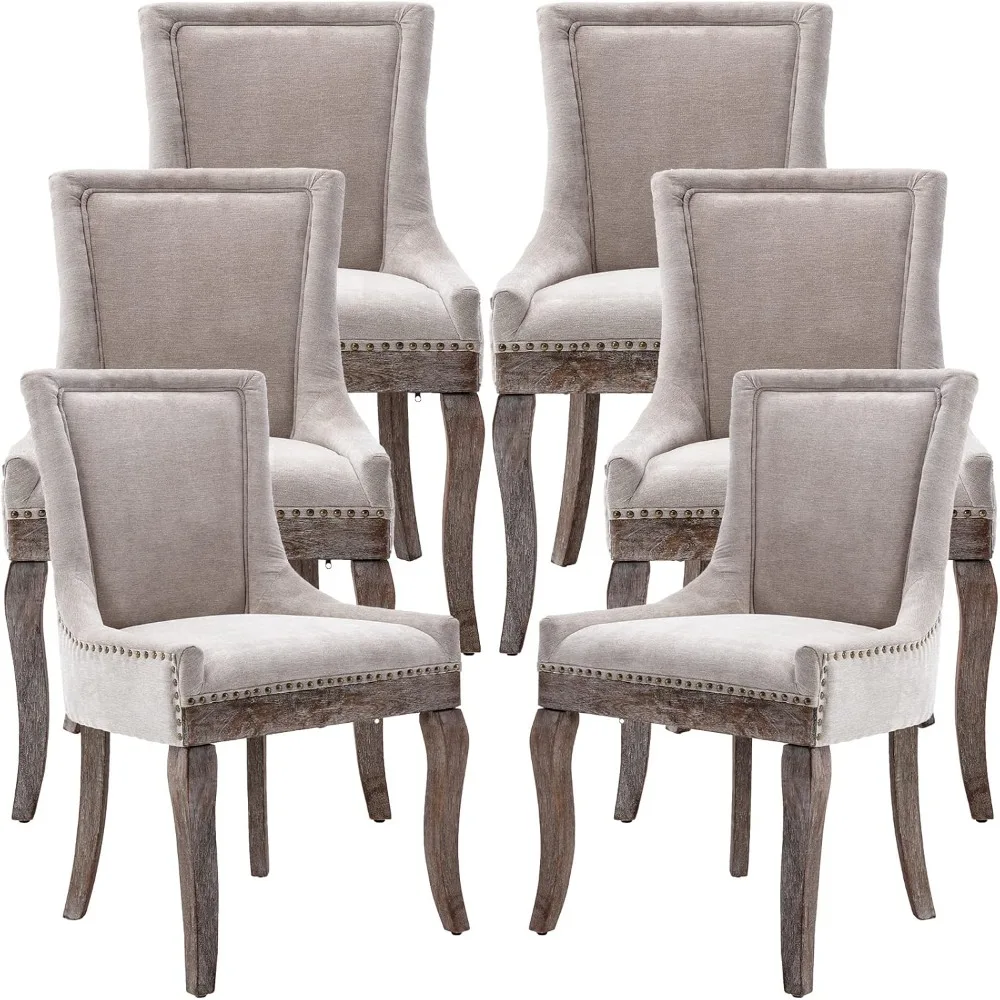 Dining Chairs Set of 6, Fabric Upholstered Dinning Chairs, Wooden Dinning Chairs, Nailhead Trim, Wood Legs, Kitchen Chairs