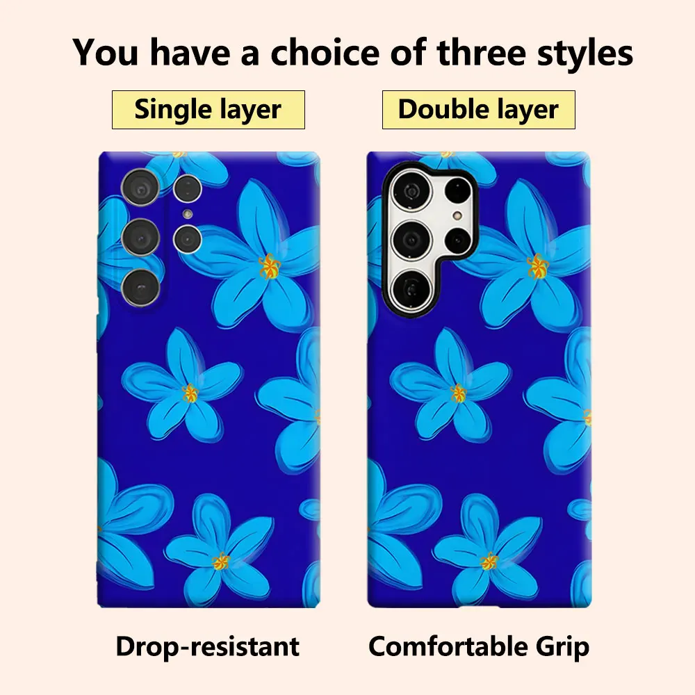 Blue Floral Phone Case for Samsung Galaxy S26 S25 Ultra S24 S23 Ultra Plus Shockproof Double layer tough Back Cover