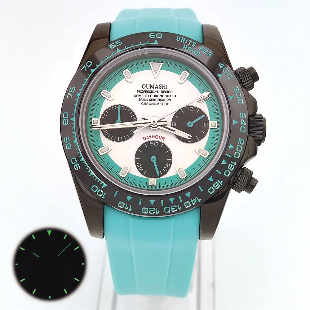 39 มม.นาฬิกาผู้ชายสีดํา VK63 การเคลื่อนไหว chronograph sapphire glass สายยางธุรกิจผู้ชายนาฬิกาข้อมือกันน้ํา 10Bar