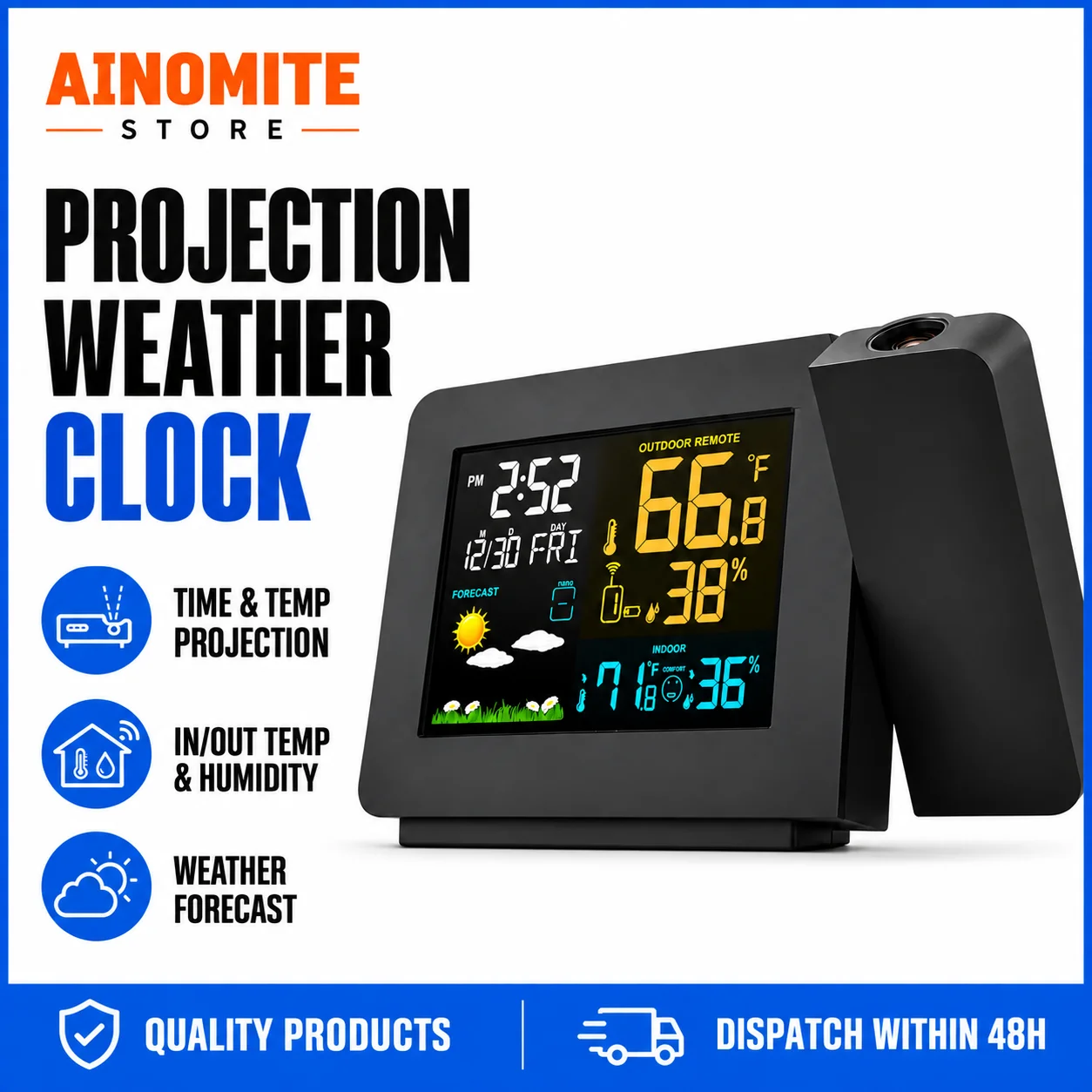 5-in-1 Weather Projection Alarm Clock – DCF Atomic Time Auto-Setting, Indoor Outdoor Temperature & Humidity Monitor, Expandable