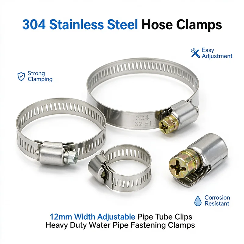 304 Stainless Steel Hose Clamps 12mm Width Adjustable Pipe Tube Clips Heavy Duty Water Pipe Fastening Clamps