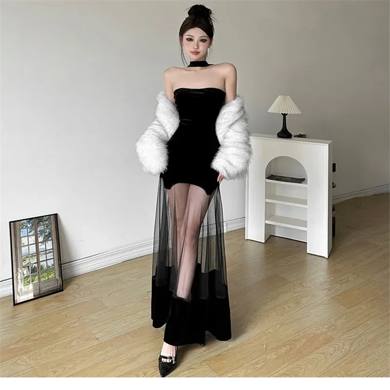 New Summer Fashion Black Sheer Mesh Tail Party Dress Hotsweet Sexy Strapless Holiday Dress Slash Neck Velvet Bodycon Photo Skirt