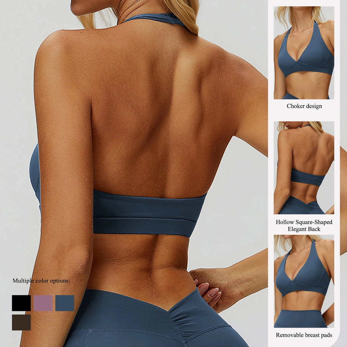 女性用ホルターネックパッド入りスポーツヨガブラ、女性用衝撃吸収サポートバックレストップ、アウトドアランニングジム用クロップトップ