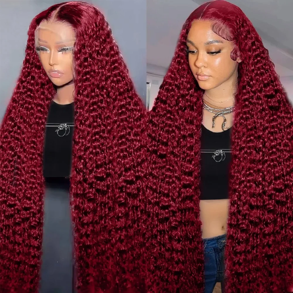 34 36 Inch Deep Curly 13x4 HD Lace Front Wig 99J Burgundy Red Colored 200 Density 13x6 HD Lace Frontal Human Hair Wigs For Women