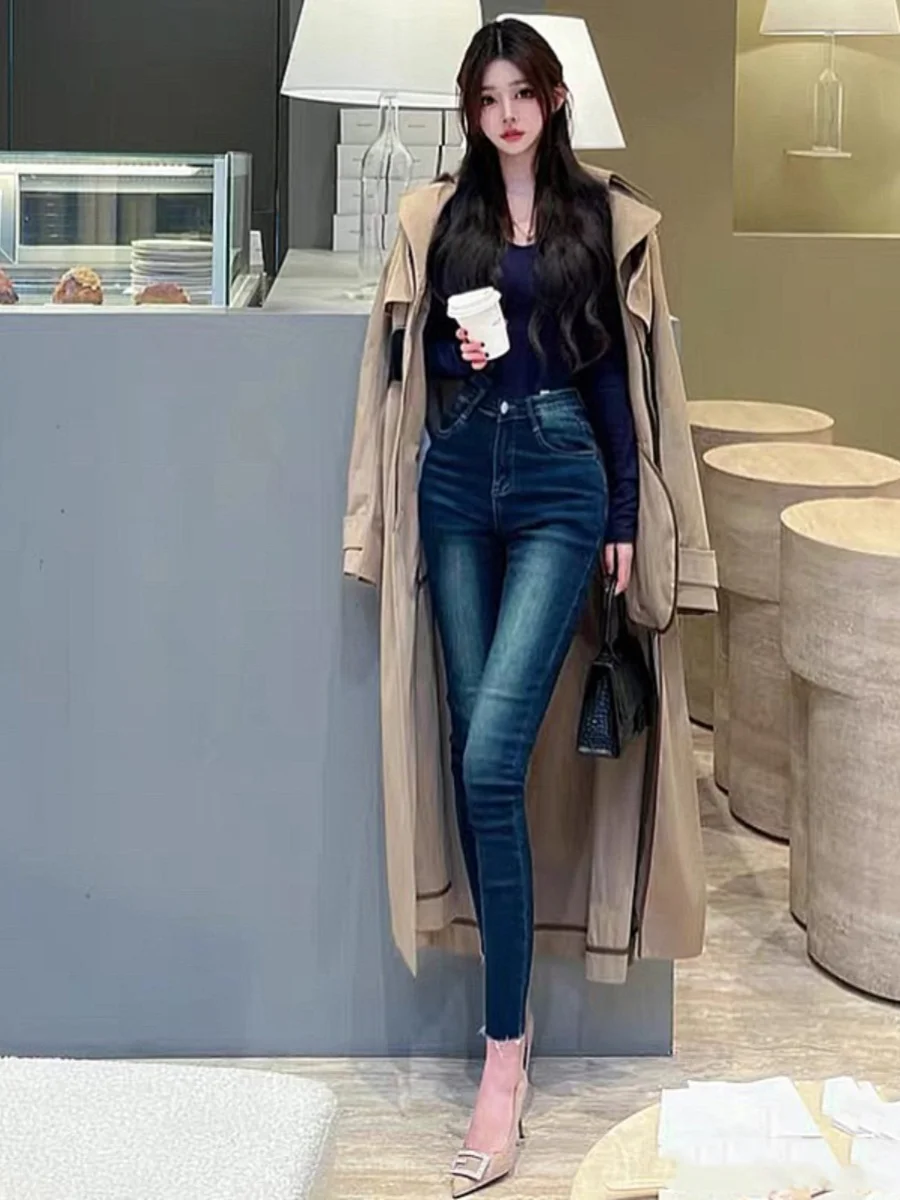 

Blue High Waist Slim Fit Jeans Women's Elastic Retro Blue Butt Lifting Pants Lengthening Legs Effect Nine Points Denim Long T...