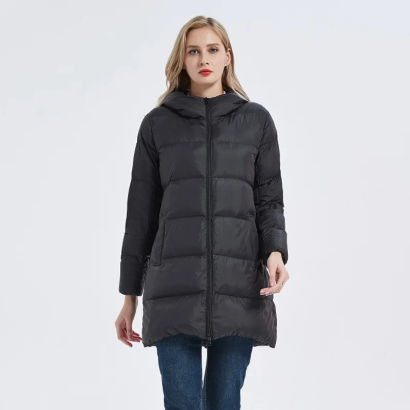 Commuter Style Down Coat 2025 Winter Women's White Hooded Jacket Mid-Length Luxury Polyester