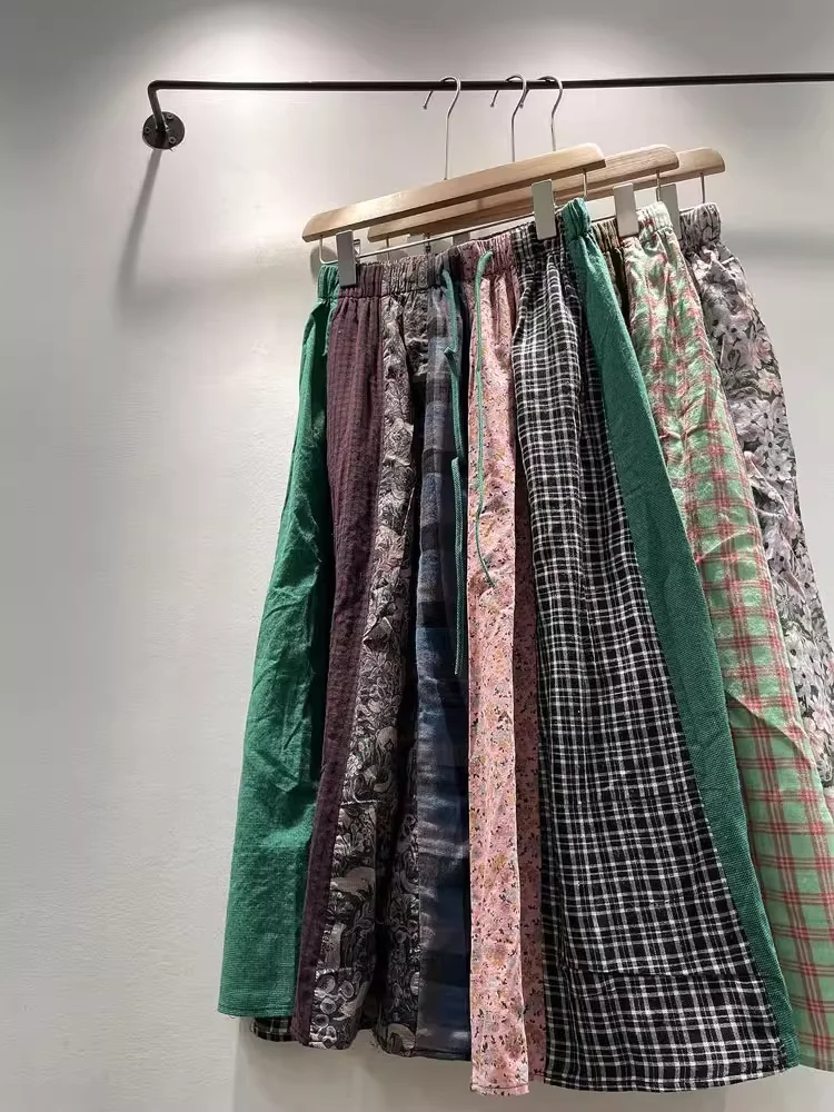 

2025 Mori kei clothing Japan style vintage elastic waist print patchwork midi skirts for women original breathable long skirts