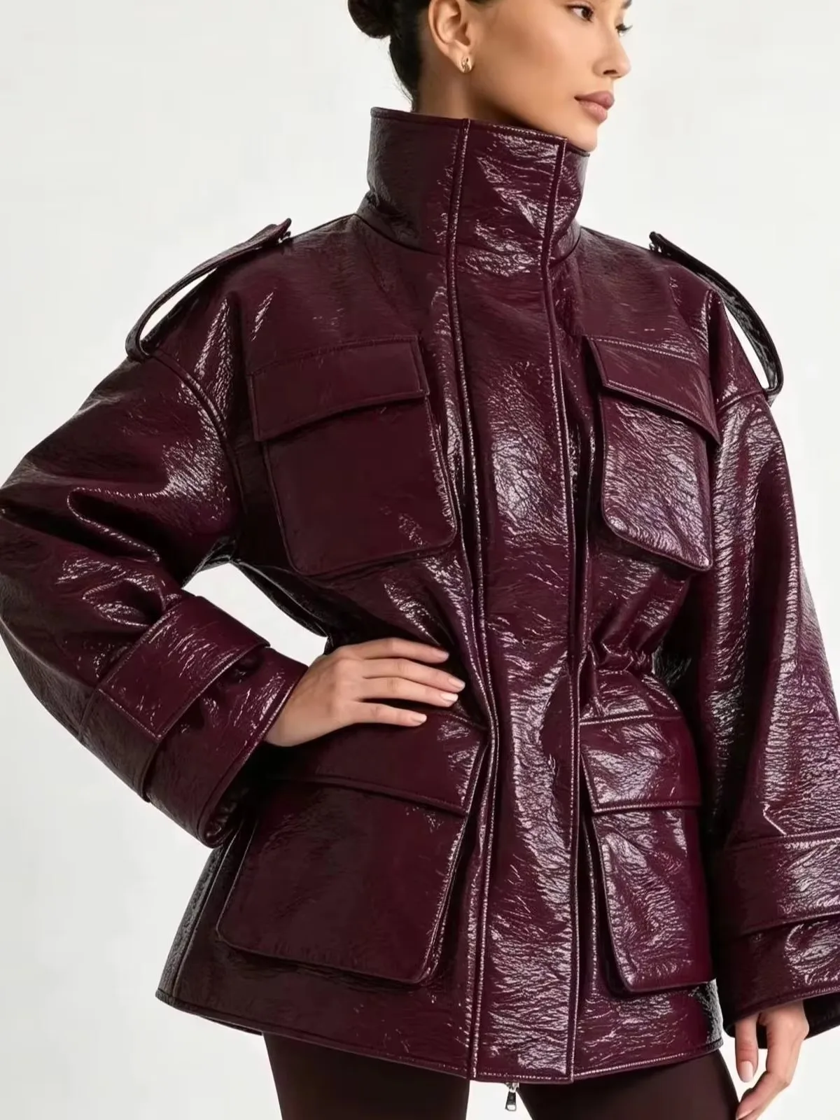 Women's Burgundy Faux Leather Jacket Zip Up High Neck Drawstring Waist Winter Warm Elegant Luxe Chic Outerwear