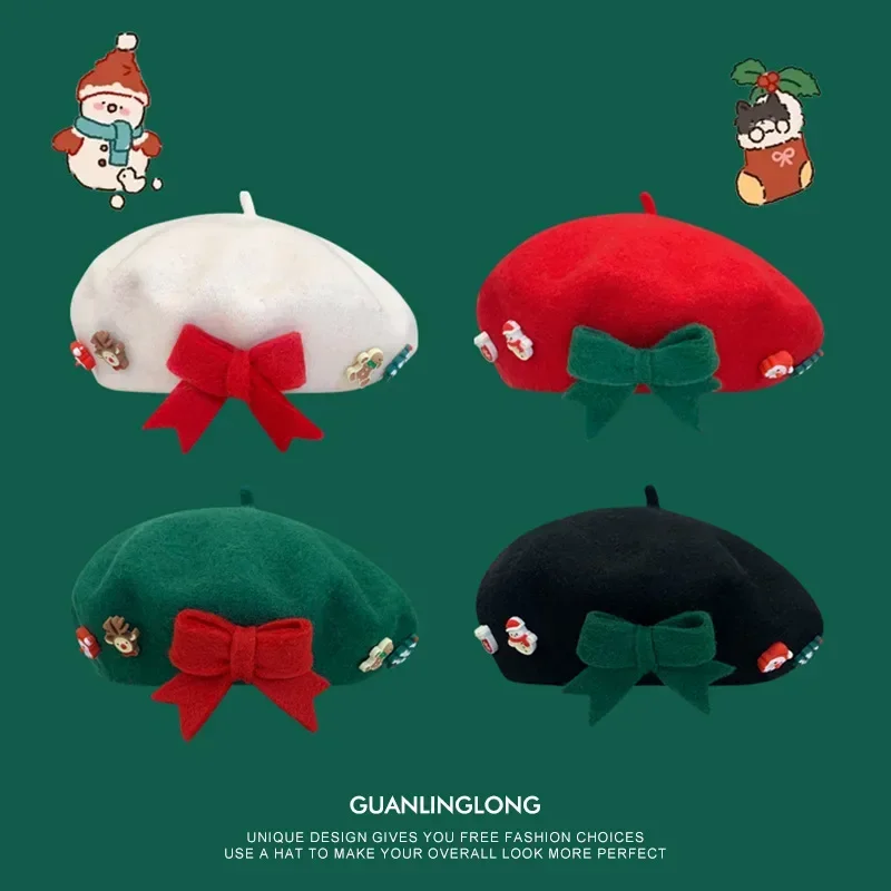 Hot Selling Christmas Beret with Bow, Wool Felt Mother & Daughter Matching Winter Hats, Elegant Xmas Gift Set
