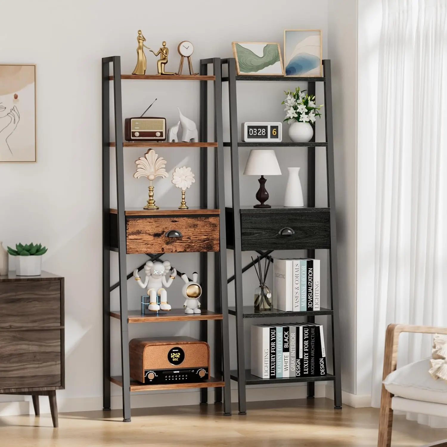 

5 Tier Ladder Shelf with Drawer, Tall Bookshelf Storage Shelves, Bookcase Standing Shelf Units, Industrial Open Display Shelves