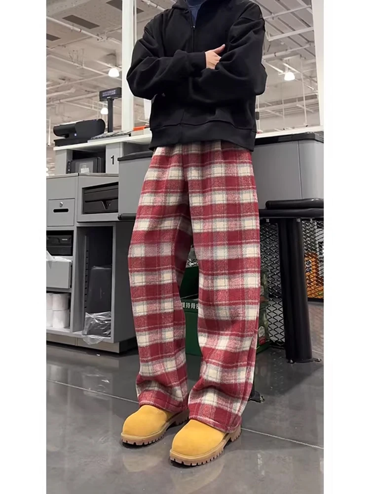 

American Retro Red Plaid Thiened Fce Wool Men's Winter Casual Pants Straight Leg Wide Leg Drapey Comfortable Trousers