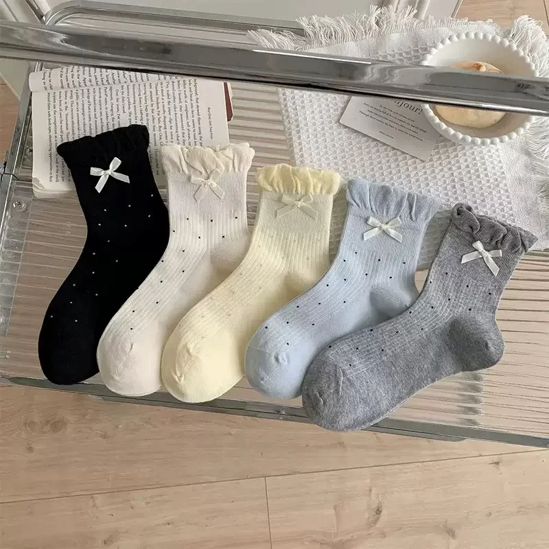 

5 Pairs White Bow-Tie Spring Summer Socks for Girls Dots Korean Style Student Mid-Calf Socks with A Frill Fashion Cozy Socks Set