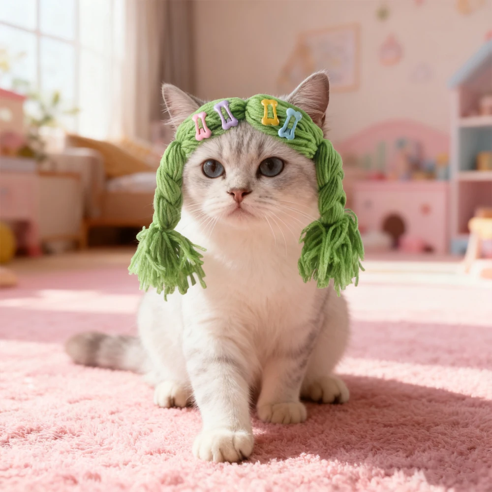 1PC Ear-revealing Cat Knitted Hat Wig with Random Color Hair Clips Cute Warm Pet Decoration Wig Headwear for Pet Cats Small Dogs