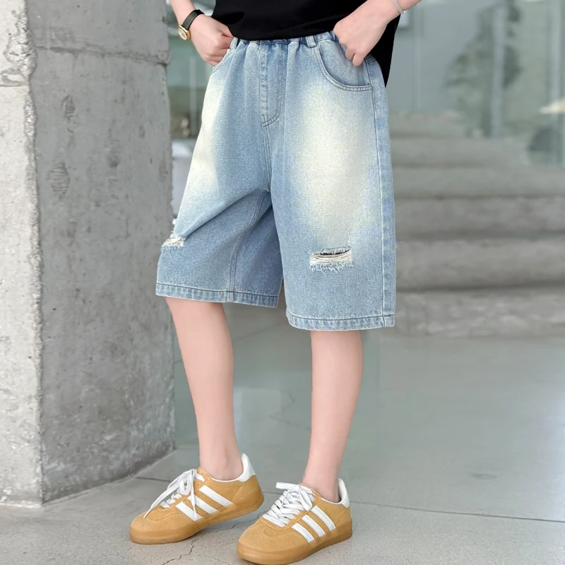 Brief Style Kids Summer Knee Length Ripped Denim Shorts for Tweens Girls Fashion Casual Jeans Capris Pants with Holes Child 5-14