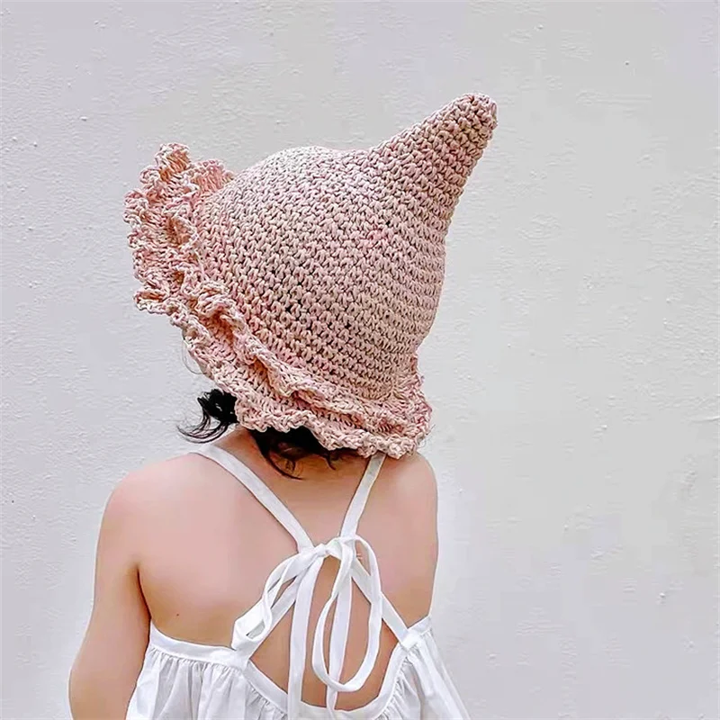2022 Fashion Cute Children Girl Princess Sunhats Point Top Outdoor Beach Holiday Summer Plaited Straw Magic Hat Cap for Kids