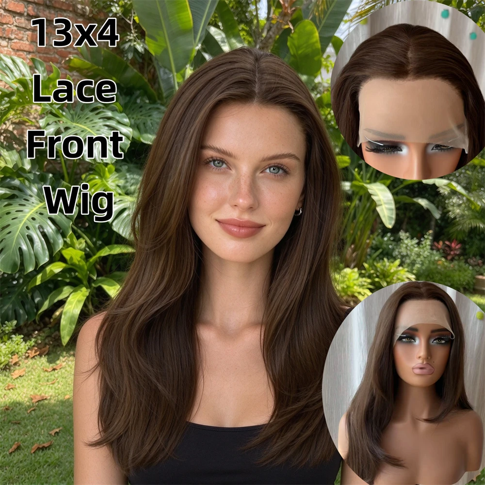 Chocolate Brown Highlights Synthetic HD Lace Front Wig Mixed Human Hair Glueless Preplucked Hairline Party Daily Cosplay Wear