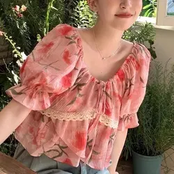 Fashion Lace Ruffles Spliced Blouse Women's Clothing Sweet Drawstring Broken Flowers 2024 Summer V-Neck Loose Short Sleeve Shirt