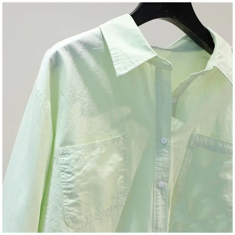 Fashion  Blouse Women  Cotton Matte Short Shirts Light Green Loose Long Sleeve Shirt Jacket Spring Summer Trend Top