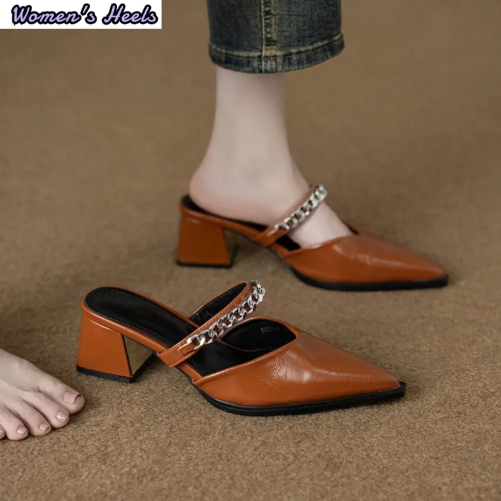 French Style Pointed Toe Chunky Heel V-Cut Mules with Chain Decor, Commute Versatile Comfortable Outdoor Wear Sandals for Women