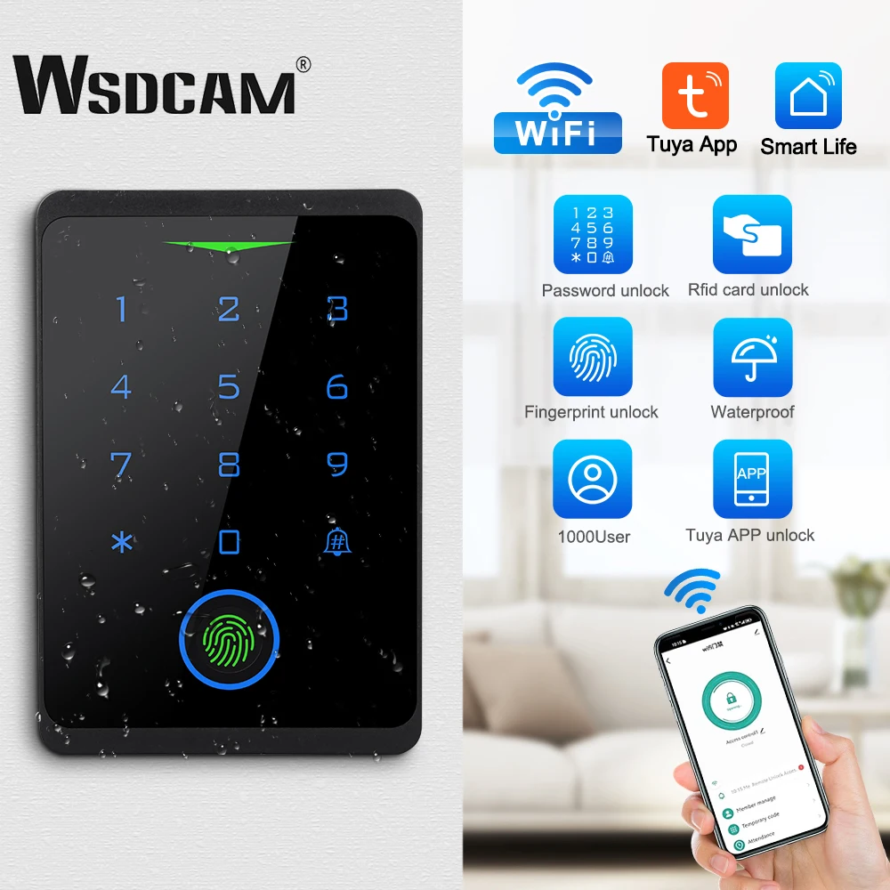 Wsdcam RFID Access Control Waterproof Tuya App Remote Wifi Access Controller Smart Door Lock Reader Touch Backlight