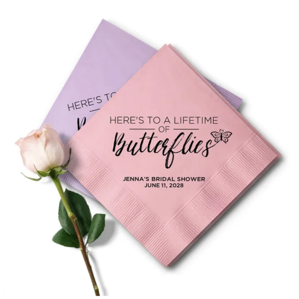 

50Pcs Here's to a Lifetime of Butterflies Personalized Bridal Shower Cocktail Napkins Rehearsal Dinner Lunches Dinners Engagemen