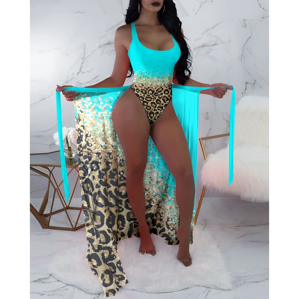 Summer Sexy Women Vintage Contrast Leopard One Piece Swimsuit With Cover Up Beach Two Pieces Set New in Swimsuit Vacation