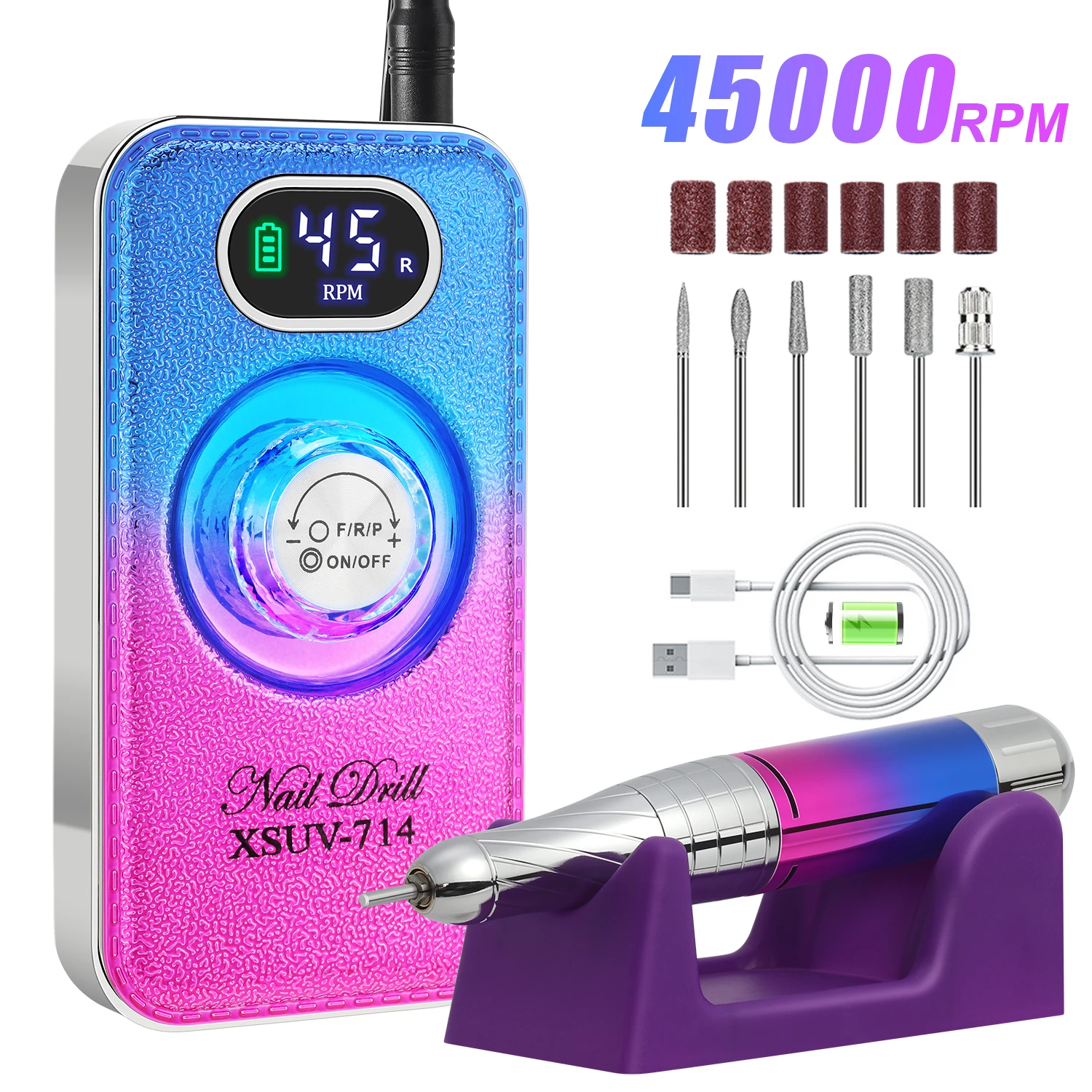 プロ仕様45000-rpm電動ネイルドリル充電式低騒音ポータブルネイルアートファイルキット（アクリルネイル用）