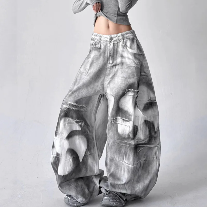 ANJY Autumn Winter New Women Fashion Paint Splash Printed Street Tide Jeans Loose Slimming Versatile Wide-Leg Denim Pants A17889