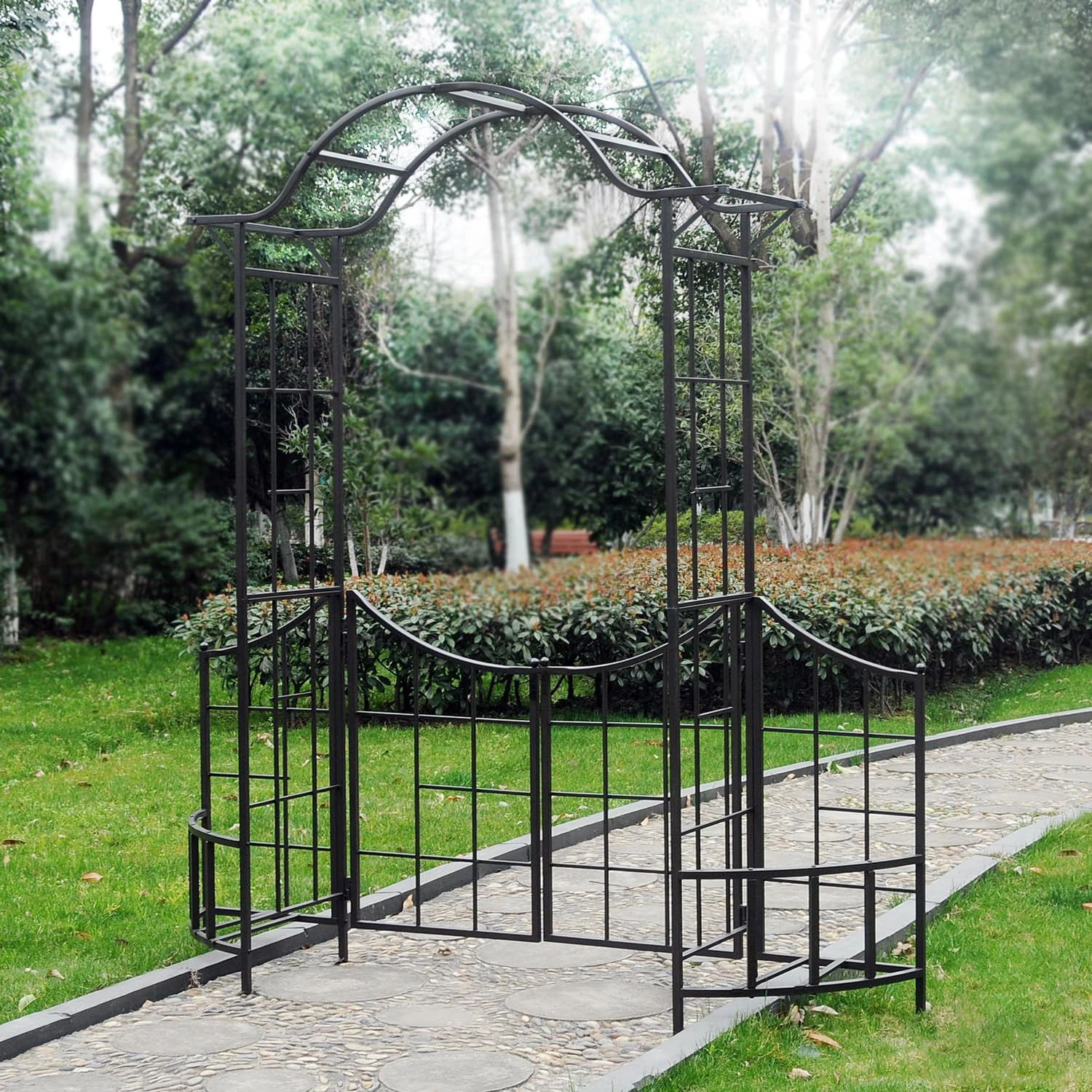 

Modern Style Decorative Iron Garden Arbor Trellis with Gate Fence and Planter Holders for Climbing Plants