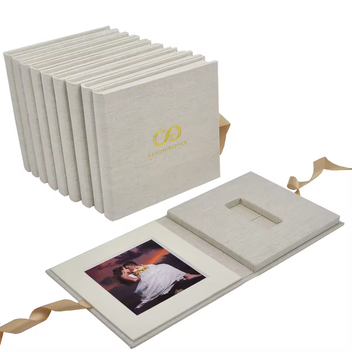 Cajas USB de lino con logotipo personalizado con marco de fotos - Estuche para unidad flash personalizado - Embalaje para fotografía de recién nacidos/bodas