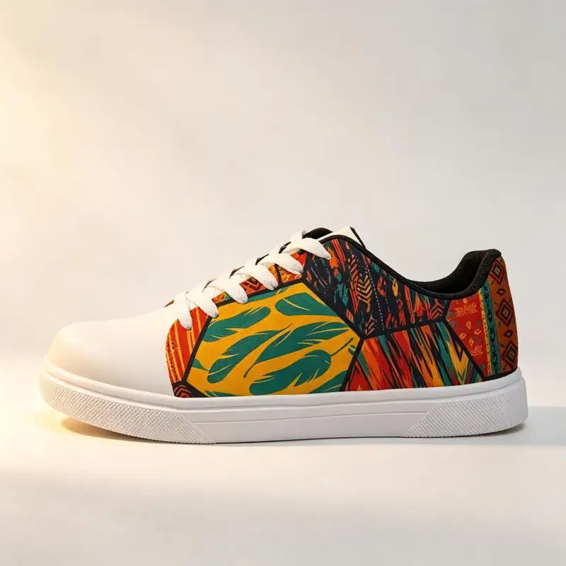 Ladies Men's Road Running Shoes，White sneakers with printed design，Various sizes available，Striking ethnic tribal pattern，Retro