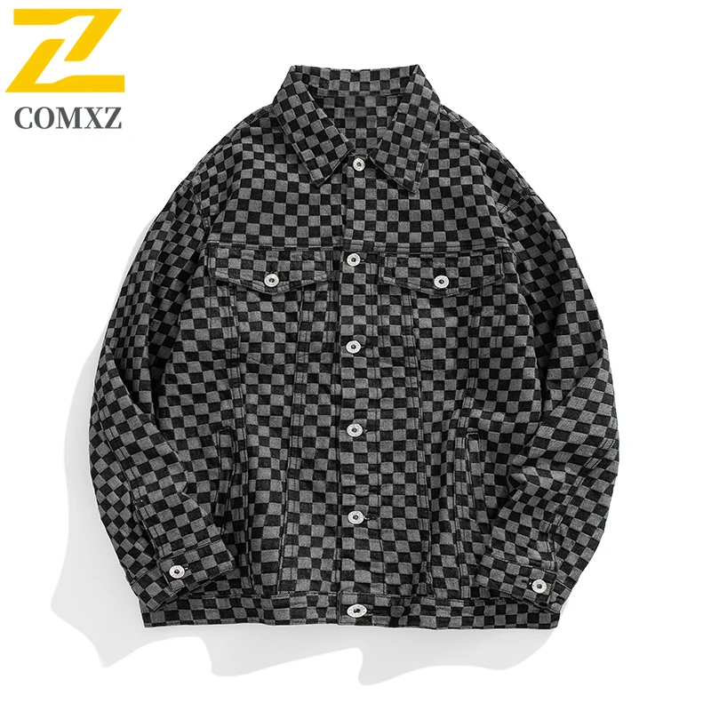 

Men's Casual Denim Jacket 2025 New Checkered Striped Fashionable Versatile Breathable Lapel Jacket Street Commuting Denim Jacket