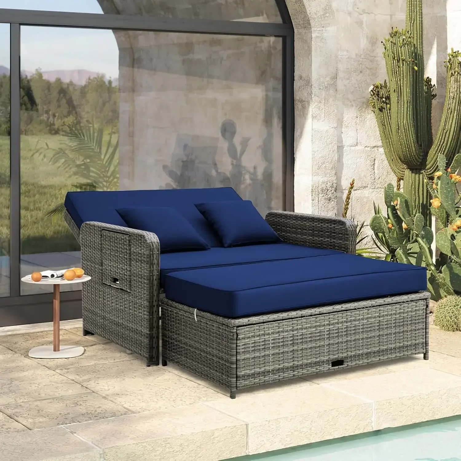 Set divano letto da patio in rattan, divano a due posti in vimini con pouf multiuso e vassoio laterale retrattile, cuscino per sedile e schienale inclusi