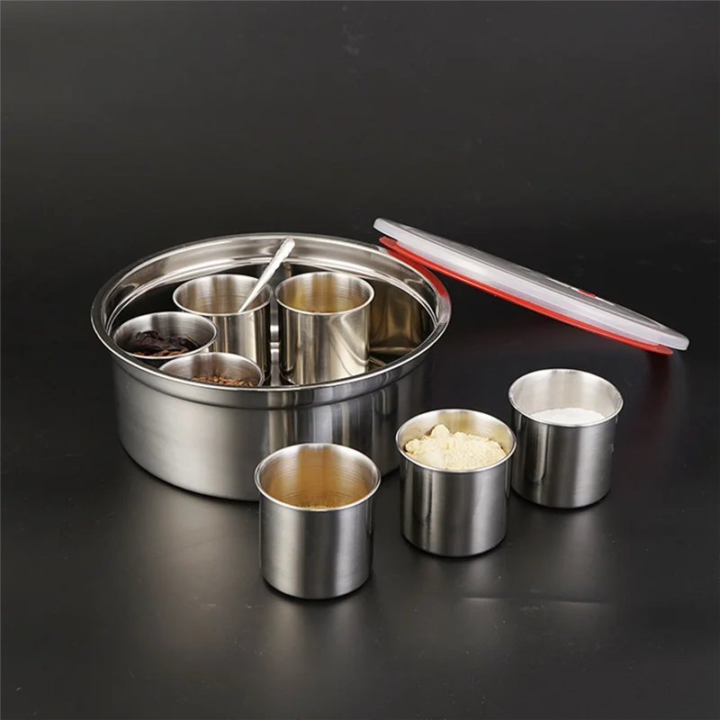 

ABMI-Indian 7 Compartment Stainless Steel Spice Container Canister With Transparent Lid,