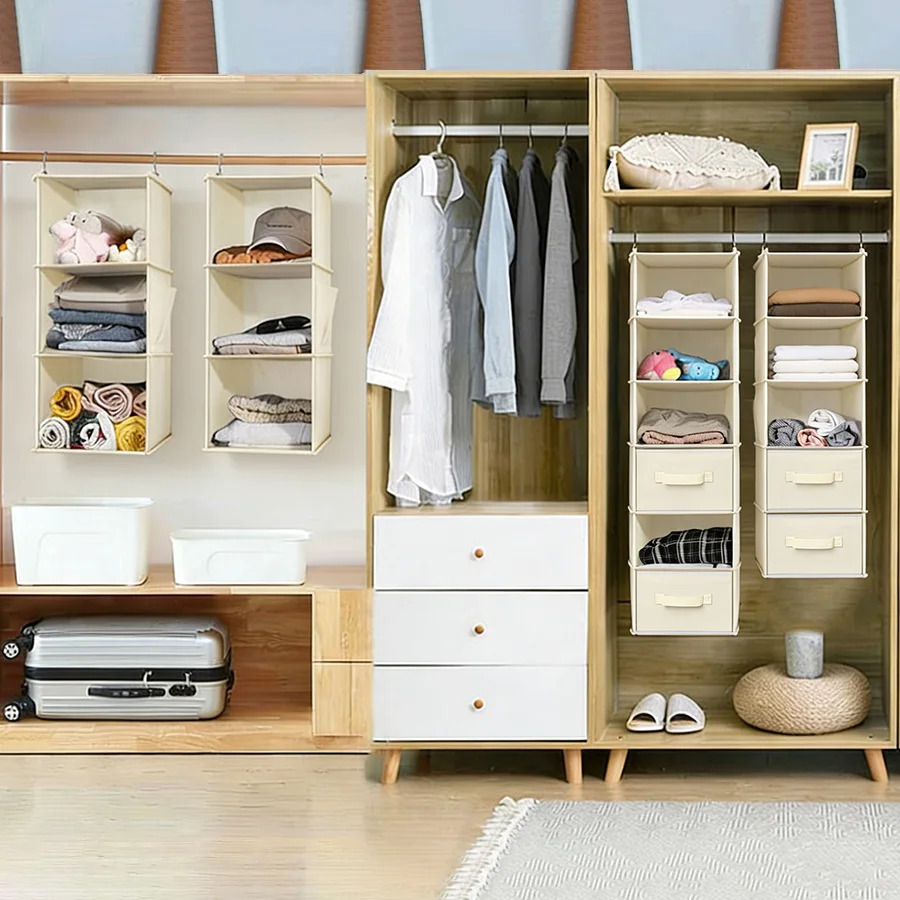 Foldable Hanging Closet Organizer with Multi-Tier Fabric Storage Units and Side Pockets, Ideal for Storing Clothes, Toys and Acc