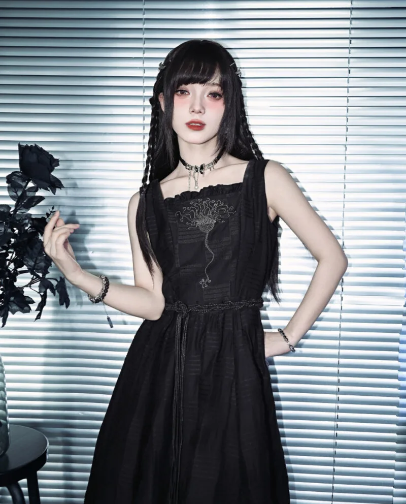 Nuevo Vestido de Doble Capa Negro con Bordado de Crinoides para Mujer, Vestido sin Mangas para Verano, Ocio, Disfraz de Carnaval, Halloween, Cosplay