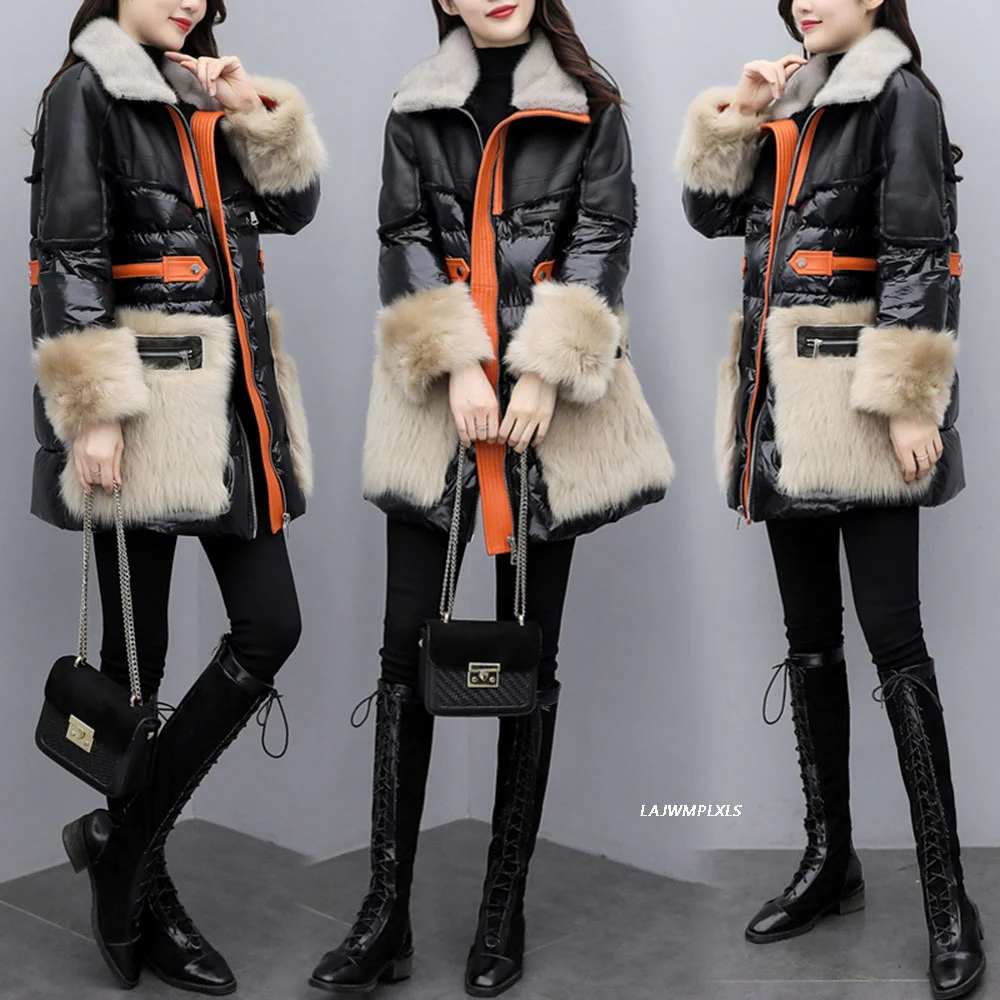 Duck 90% white Jacket Patchwork Fur Coats 2023 Fashion Women Overcoat Winter Turn-down Collar Down Parka