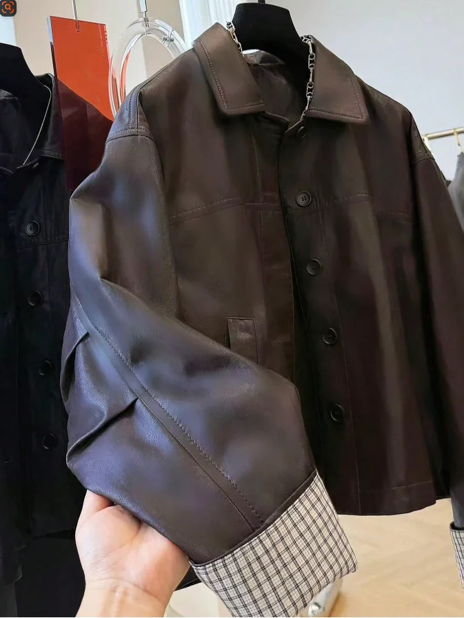 Plus Size Women's Faux Leather Shirt Jacket, Collared Button Down Oversized Short PU Coat with Turnable Plaid Cuff, Fall Casual