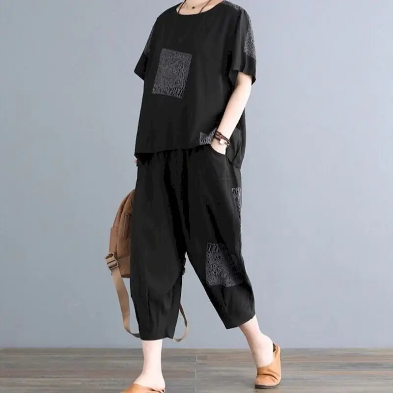 Casual Loose T Shirts Sets Women 2024 Summer Aesthetic Clothes Design Print Oversized T-shirt Crop Pants Two Piece Set Vintage